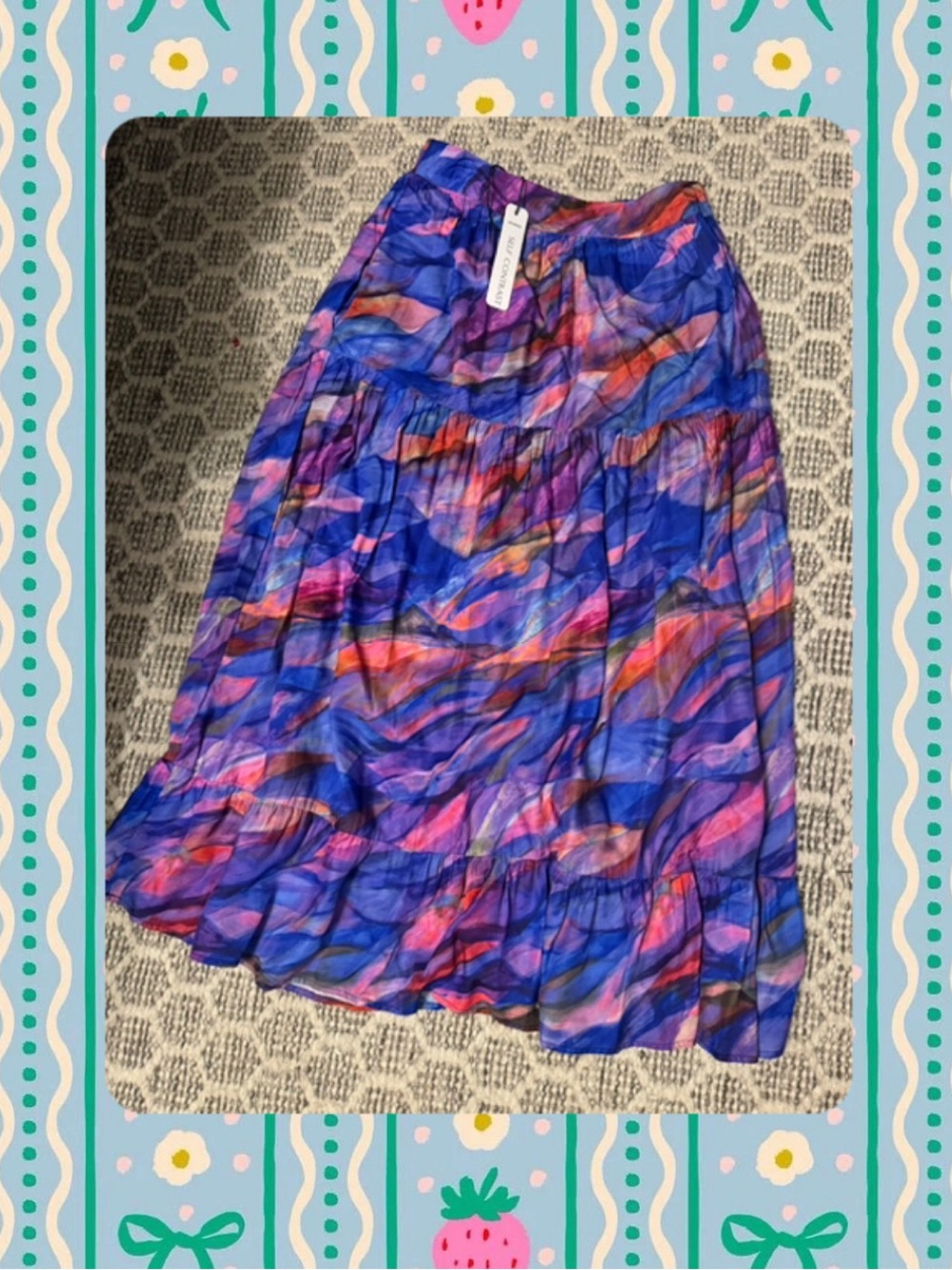 Self Contrast x Anthropologie  Blue & pink & Purple Watercolor tiered Maxi Skirt